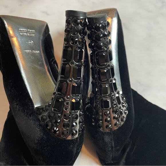 Miu Miu Black Velvet Crystal Embellished Ankle Boots Stiletto Heel Zip Booties - Picture 9 of 12